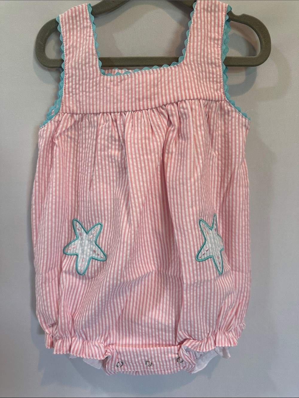 Pink Stripe Baby Romper with Teal Starfish Trim with matching bow